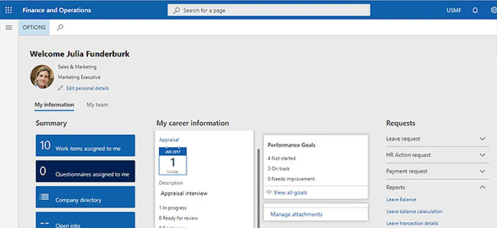 Employee self-service — Employee self-service in Dynamics 365 Finance & Operations.